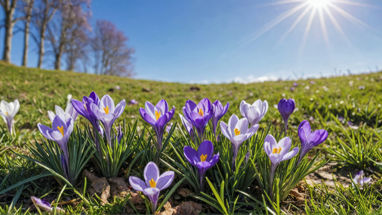 Lila Krokusblüten im Gras